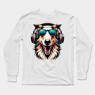 Grinning Borzoi as Smiling DJ with Headphones Long Sleeve T-Shirt